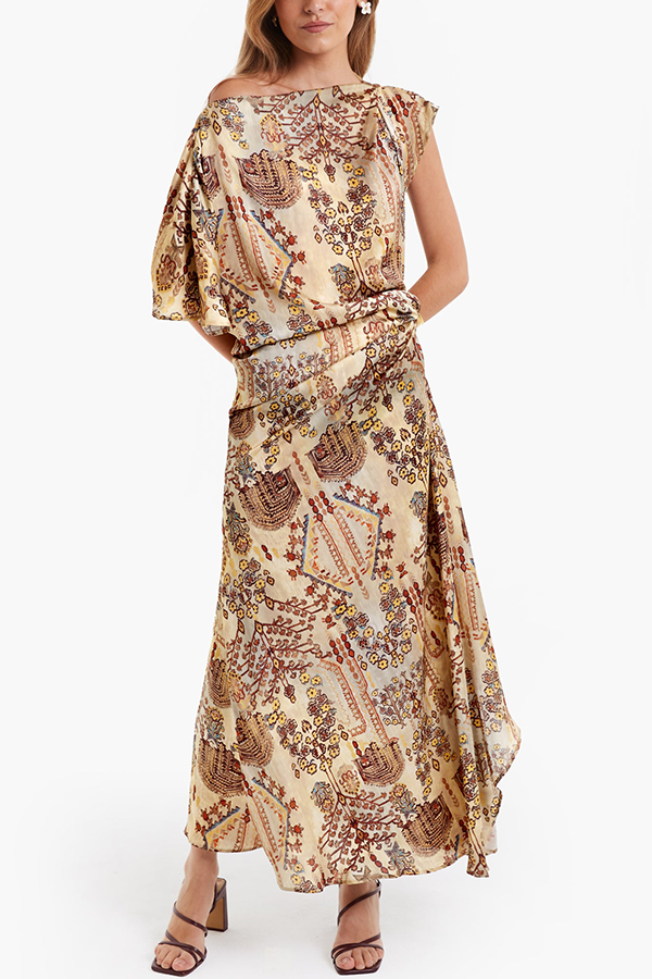 Cassie Satin Unique Print One Shoulder Ruched Waist Asymmetrical Hem Maxi Dress