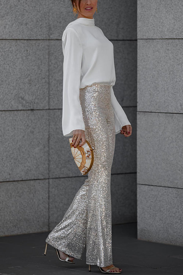 Diva Velvet Sequin High Rise Elastic Waist Flare Pants | Consonak