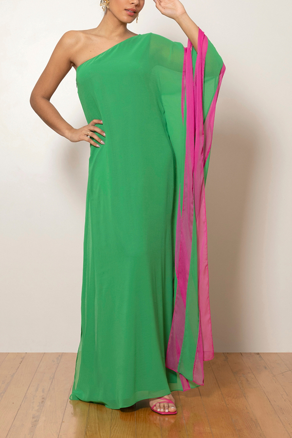 Fashionable Vacation Chiffon Color-blocked One Shoulder Loose Maxi Dress-consonak