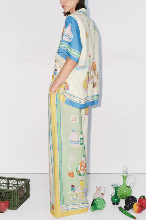 Creating Memories Linen Blend Unique Print Elastic Waist Pocket Wide Leg Pants-consonak