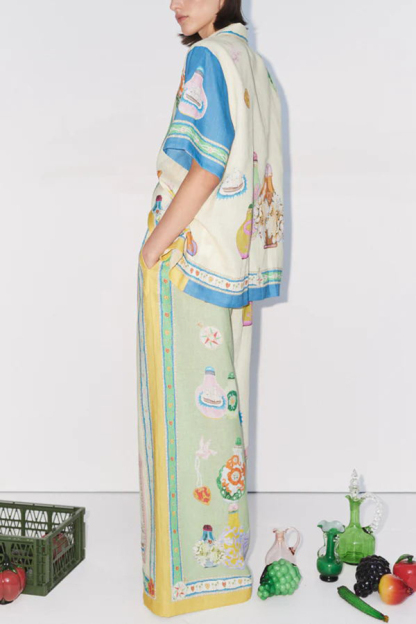 Creating Memories Linen Blend Unique Print Elastic Waist Pocket Wide Leg Pants-consonak