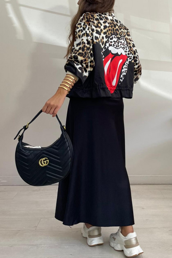 Shiloh Leopard Unique Print Zipper Drawstring Hem Bomber Jacket-consonak