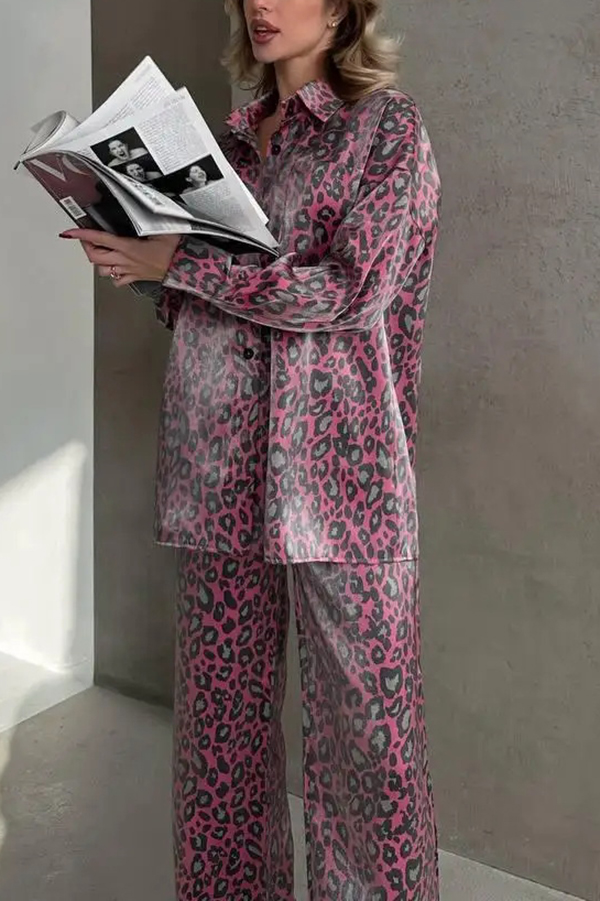 Leopard Print Long-sleeved Casual Top and Loose Elastic Waist Tie Pants Set-consonak