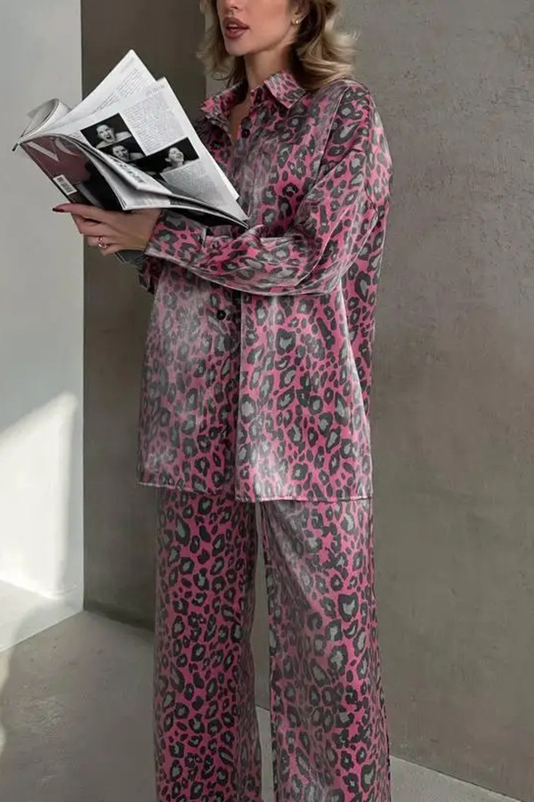 Leopard Print Long-sleeved Casual Top and Loose Elastic Waist Tie Pants Set-consonak