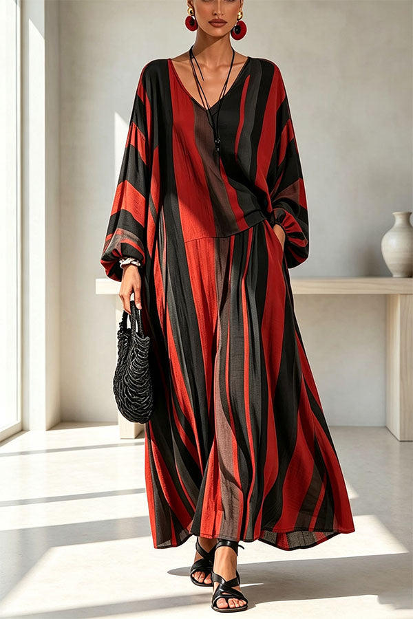 Vintage Striped Batwing Sleeve Long Set-Consonak