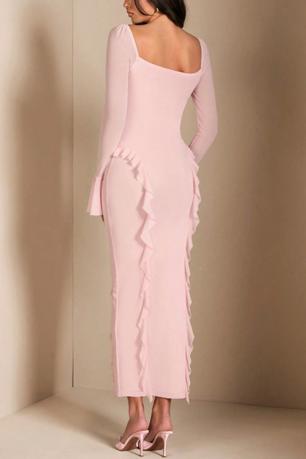 Solid Color Long-sleeved Ruffled Slim-fit Maxi Dress-consonak