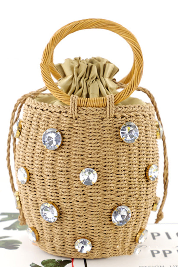 Fashionable Imitation Rhinestone Embellished Casual Barrel Rattan Bag-consonak