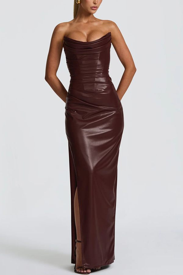 Alba Faux Leather Pleated Off Shoulder Neck Slit Stretch Maxi Dress-consonak