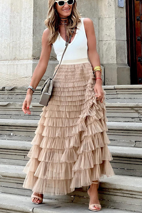 Be Your Own City Queen Tiered Elastic Waist Tulle Maxi Skirt | Consonak