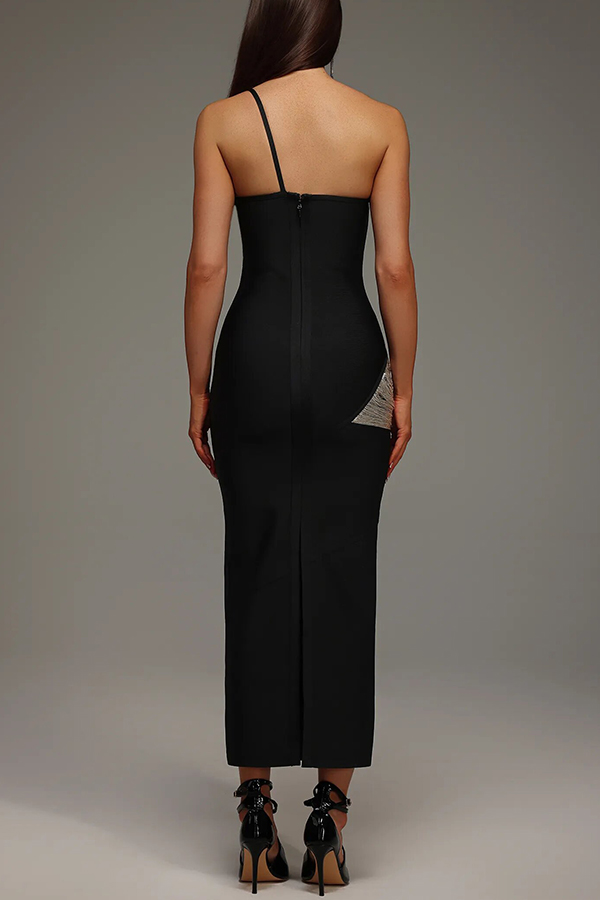 Roanna One Shoulder Sleeveless Glossy Tassels Bandage Maxi Dres