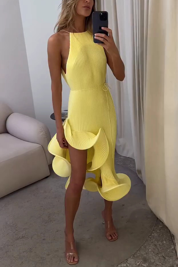 Butter Summer Pleated  Sleeveless Waist Tie Irregular Ruffle Dimensional Hem Midi Dress-consonak
