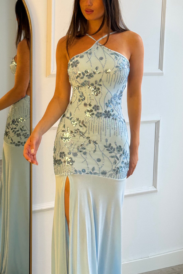Fashionable Sequined Halter Neck Elegant Slim-fit Slit Maxi Dress-consonak