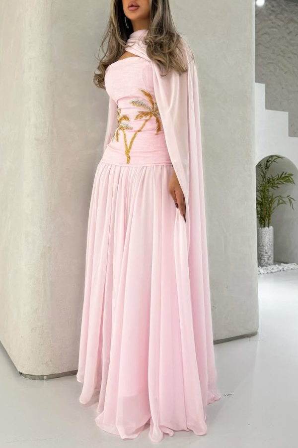 Stylish Beaded Sleeveless Off-shoulder Elegant Maxi Dress with Chiffon Shawl-consonak