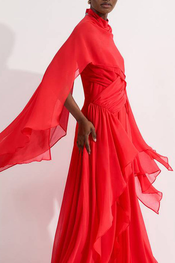 Spring Enchantment Chiffon Crinkle Cross Front Drape Scarf Maxi Dress