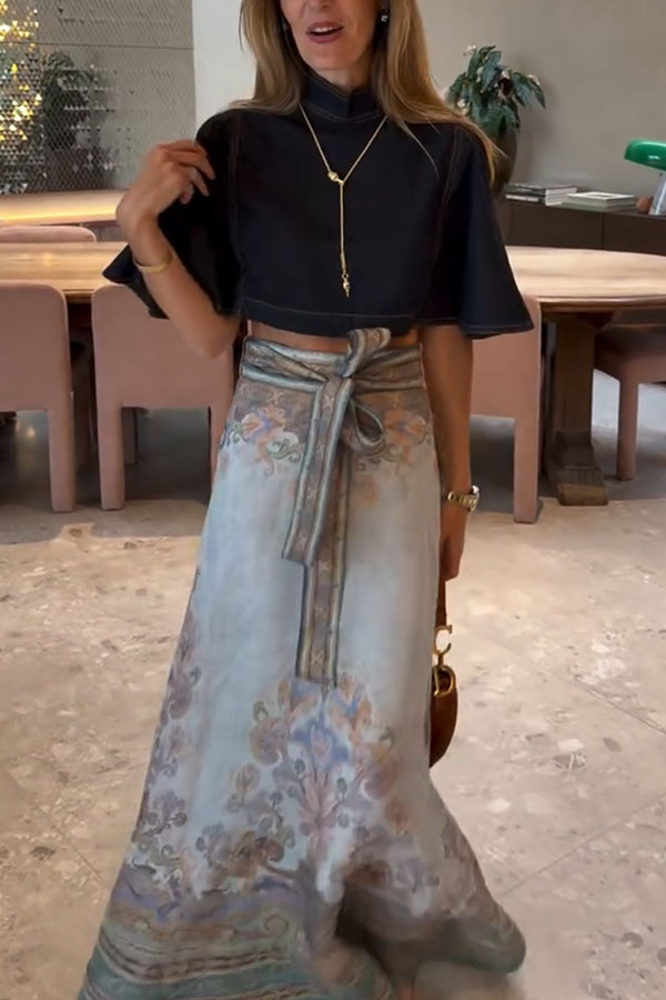 Next Vacation Denim Mock Neck Short Flutter Sleeves Crop Top | Consonak