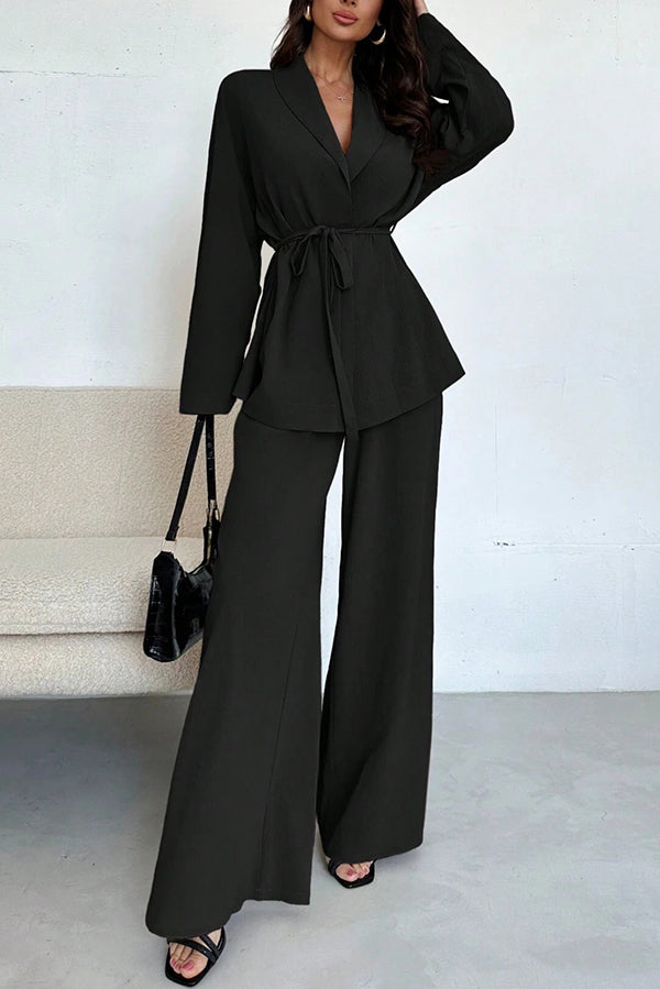 Solid Color Collared Long-sleeved Tie-waist Loose Top and Elastic Waist Casual Wide-leg Pants Set-consonak