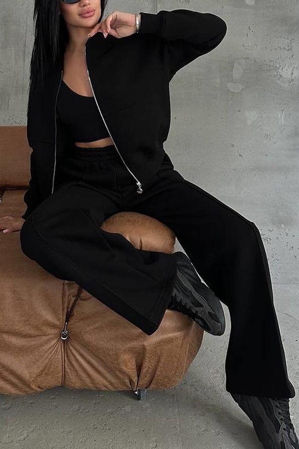 Solid Color Casual Long Sleeve Zipper Jacket and Elastic Waist Pocket Wide Leg Pants Set-consonak