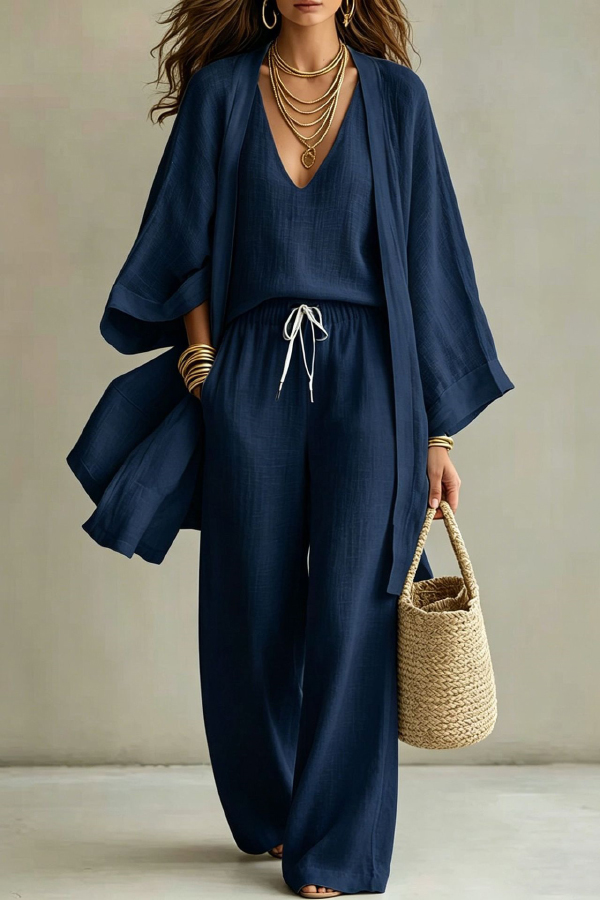 Linen Blend Solid Color Loose Cardigan V-neck Sleeveless Vest and Elastic Waist Pocket Straight Leg Pants Three-piece Set-Consonak