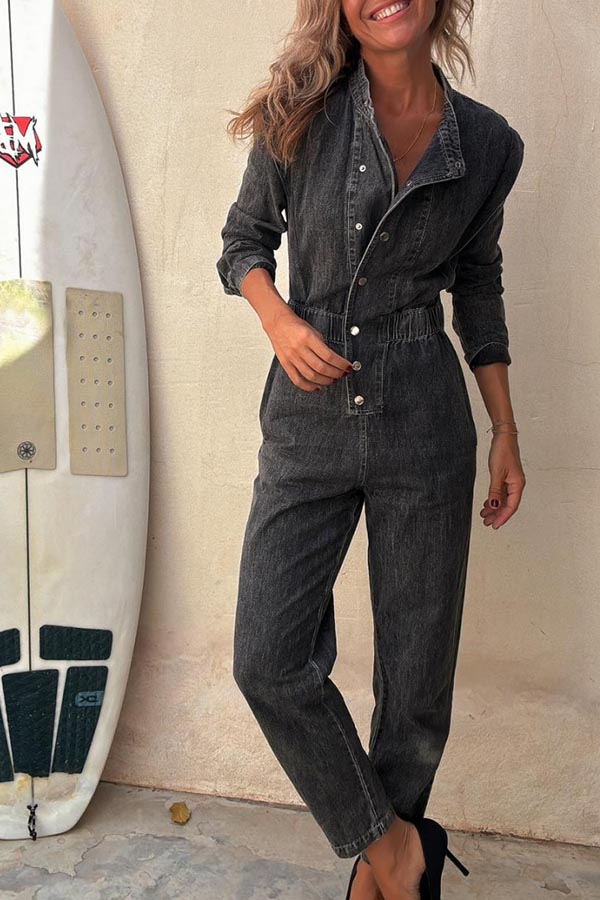Carey Denim Button Up Long Sleeve Elastic Waist Pocketed Loose Jumpsuit-consonak