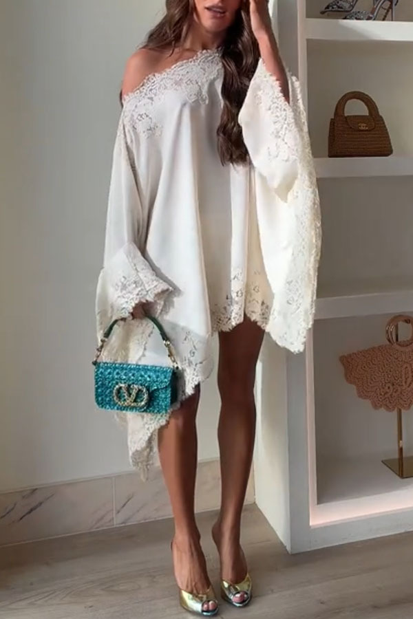 Like A Swan Satin Lace Trim Off Shoulder Wide Sleeve Cape Top-consonak