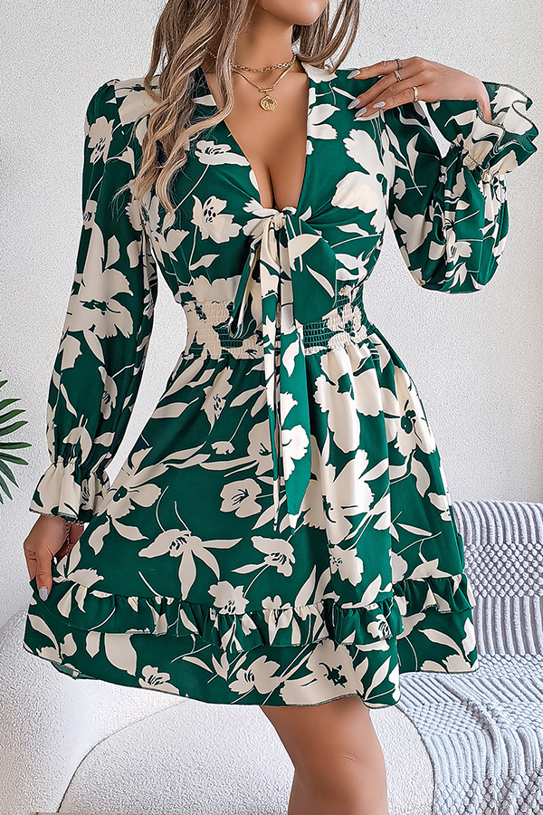 Floral Print V-neck Lace-up Long-sleeve Elastic Waist Mini Dress-consonak