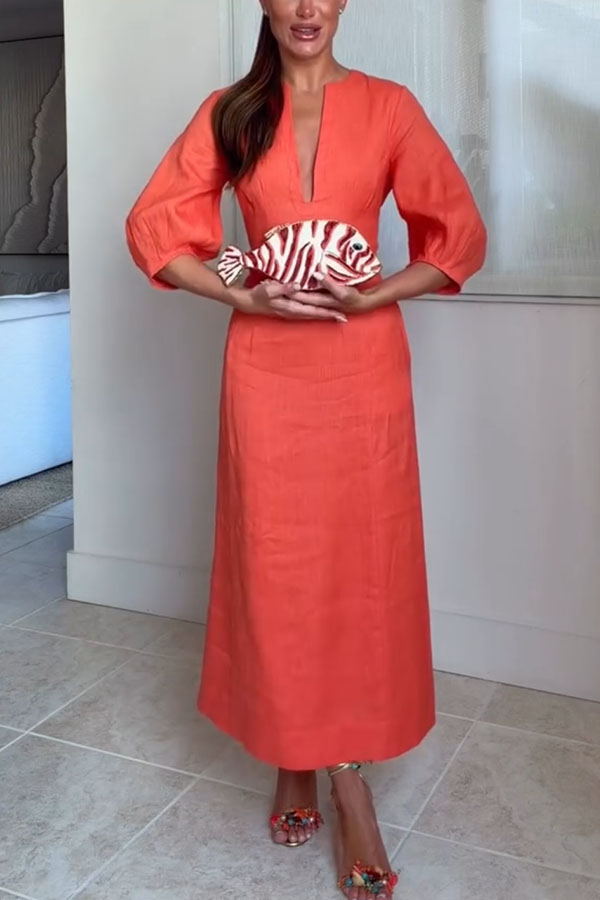 Verrah Linen Blend Key-hole Detail Neck Puff Half Sleeve Pocket Midi Dress