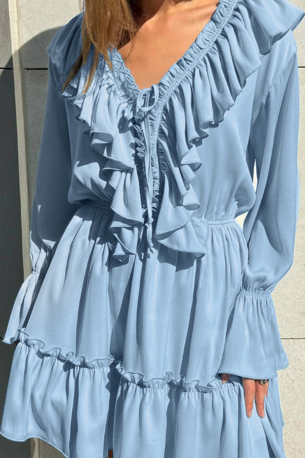 Solid Color V-neck Ruffled Ruched Long-sleeved Vacation Mini Dress | Consonak