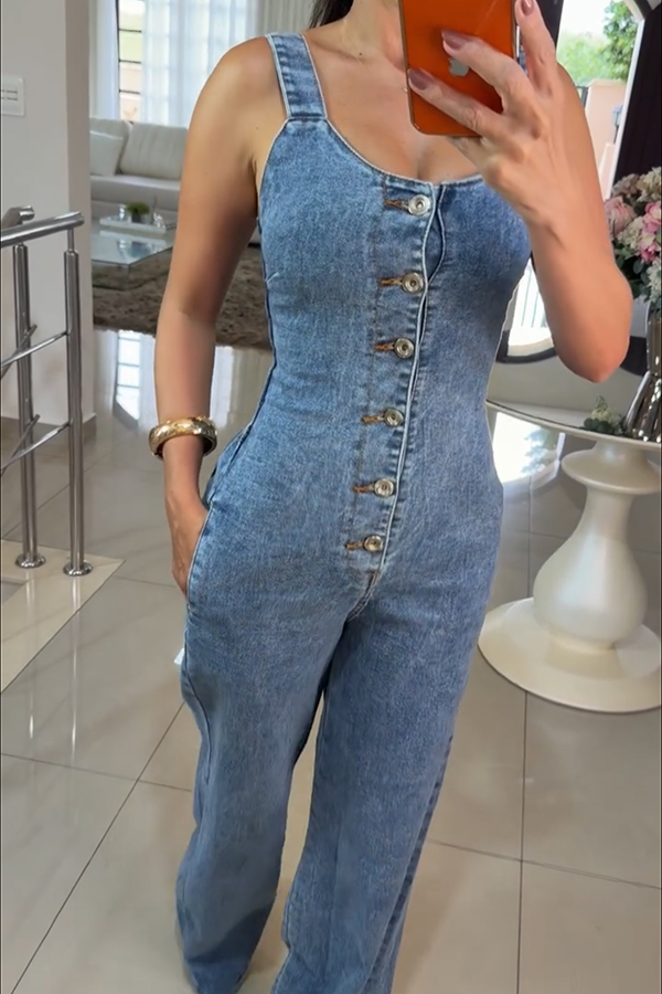 Heidi Denim Square Neck Button Back Smocked Pocket Flare Stretch Jumpsuit | Consonak