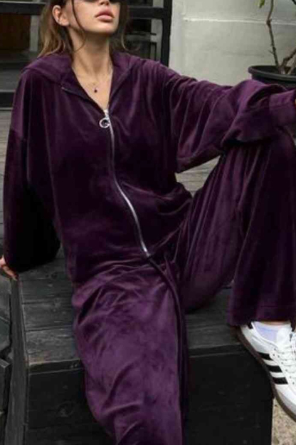 Velvet Casual Zip-up Hooded Top and Elastic Waist Wide Leg Pants Set-consonak