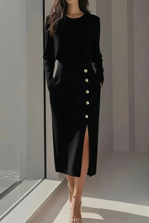 Solid Color Long Sleeves Pocket Button Decorated Slit Midi Dress-consonak