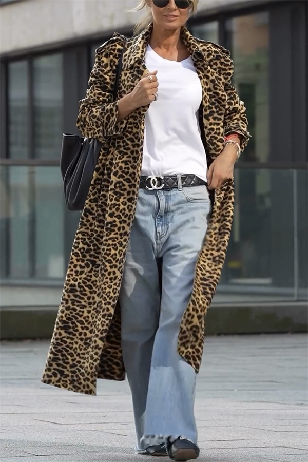 Be Free Velvet Leopard Print Long Sleeve Loose Midi Trench Coat | Consonak