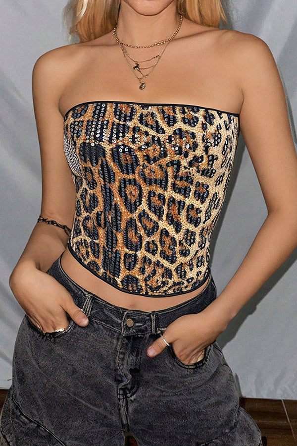 Sexy Sequined Leopard Print Off-shoulder Fitted Crop Top-consonak