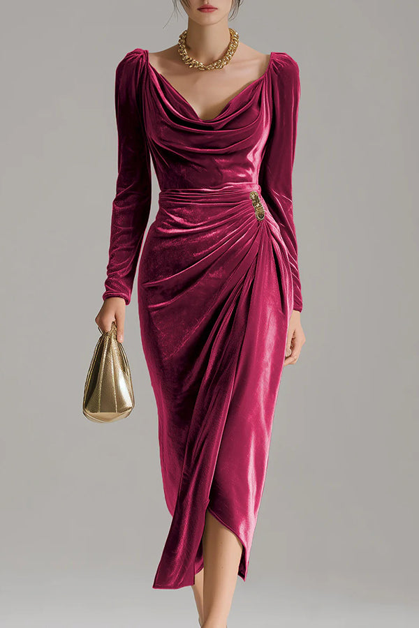 Solid Color Velvet Long-sleeved Slim-fit Pleated Midi Dress-consonak