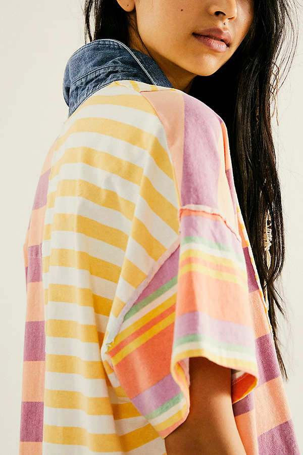 Contrast Striped Patchwork Denim Lapel Loose Casual Mini Dress-consonak