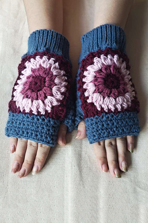 Knitted Sunflower Warm Half Finger Wool Gloves-consonak