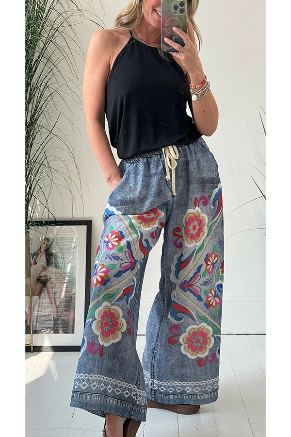 Hippie Style Unique Floral Denim Print Elastic Waist Pocketed Wide Leg Pants-consonak