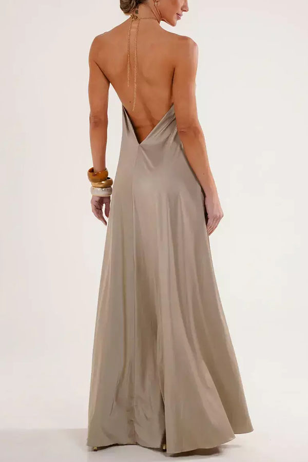 Ocean Goddess Metal Circular Chain Halter Backless Vacation A-line Maxi Dress | Consonak
