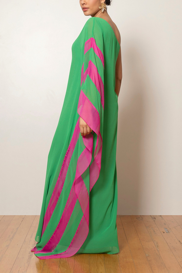 Fashionable Vacation Chiffon Color-blocked One Shoulder Loose Maxi Dress-consonak