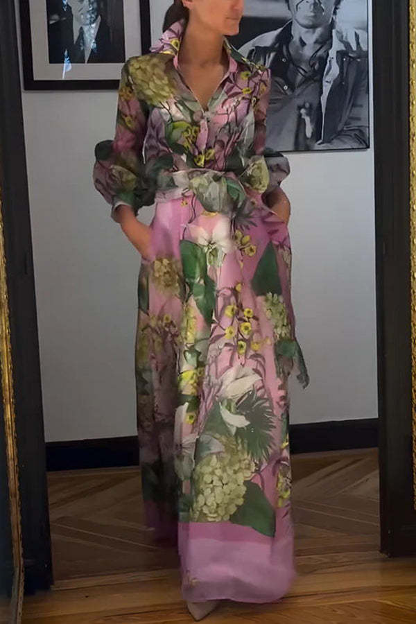 Seeds of Happiness Tulle Floral Print Balloon Sleeve Belt Blouse-consonak