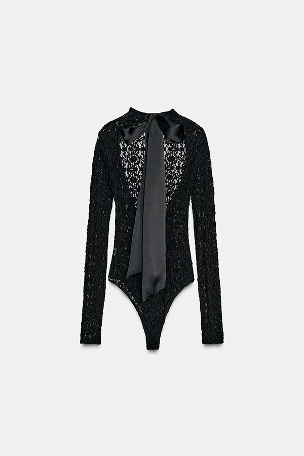 Anna Semi-sheer Lace Long Sleeve Back Bow Tie-up Cutout Stretch Bodysuit | Consonak