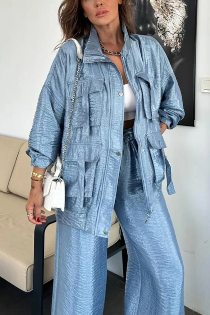 Easy on Me Metallic Fabric Flap Pocket Cargo Style Zipper Loose Jacket-consonak