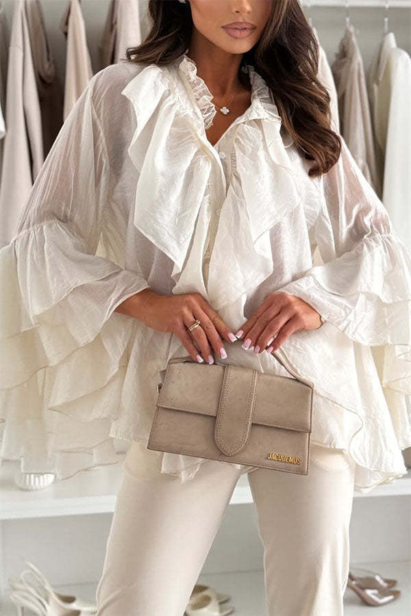 Breezy Touch Chiffon Layered Ruffles Long Bell Sleeve Button Up Loose Blouse-consonak