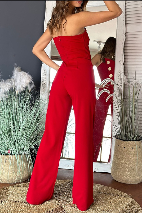 Solid Color Sexy Tube Top Gold Button Embellished Bootcut Jumpsuit-consonak