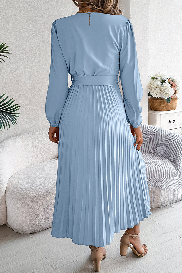 Solid Color Elegant V-neck Buttoned Lace-up Pleated Maxi Dress-consonak