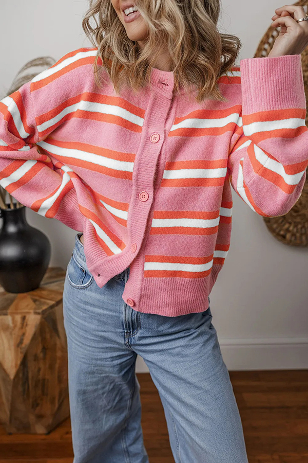 Colorblock Striped Knitted Long-sleeve Cardigan-consonak