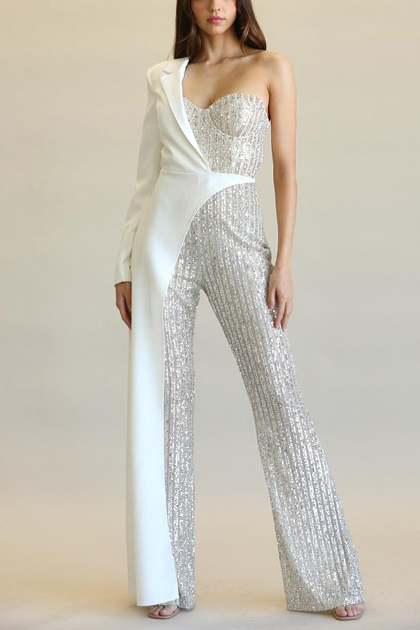 Fashionable Sequined Patchwork One-sided Long-sleeved Asymmetrical Jumpsuit-consonak
