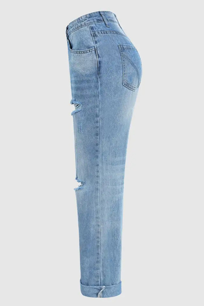 Stylish Ripped Low-rise Button Pocket Baggy Straight-leg Jeans-consonak