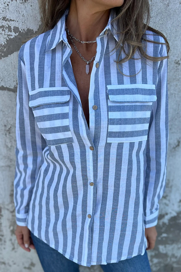Striped Print Casual Pocket Shirt Top-consonak
