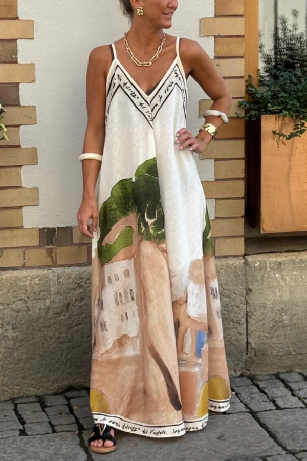 Unique Print Loose-fitting V-neck Casual Holiday Maxi Dress
