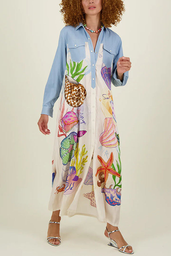 Take A Trip Marine Elements Unique Print Patchwork Pocketed Long Shirt Coat | Consonak